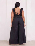 Fashionable Solid Color Ruffle Strap Wide Leg Jumpsuit