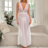 Sexy Lingerie Women's Deep V Split Lace Patchwork Strap Long Nightdress Set