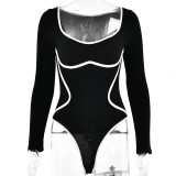 Women's Contrasting Color One-Piece Ribbed Knitting Long Sleeve Bodysuit Tops