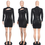 Women Long Sleeve Hollow Out Sequin Bodycon Dress