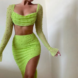 Women Knitting Beaded Square Neck Long Sleeve Crop Top And Skirt Two-piece Set