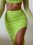 Women Knitting Beaded Square Neck Long Sleeve Crop Top And Skirt Two-piece Set