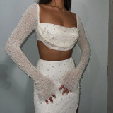 Women Knitting Beaded Square Neck Long Sleeve Crop Top And Skirt Two-piece Set