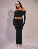 Women Off Shoulder Top Bell Bottom Pants Solid Pants Two-Piece Set