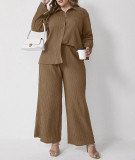 Plus Size Women Casual Loose Pleated Shirt And Pants Two-piece Set