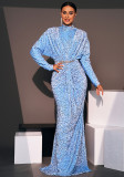 Women Sequined Long Sleeve Round Neck Formal Party Maxi Evening Dress