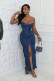 Women Sexy Strapless Off Shoulder Slit Cargo Denim Dress