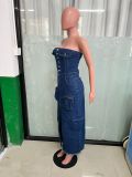 Women Sexy Strapless Off Shoulder Slit Cargo Denim Dress