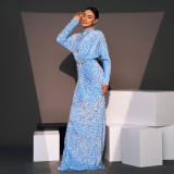 Women Sequined Long Sleeve Round Neck Formal Party Maxi Evening Dress