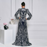 Women Sequined Long Sleeve Round Neck Formal Party Maxi Evening Dress