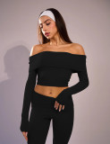 Women Off Shoulder Top Bell Bottom Pants Solid Pants Two-Piece Set