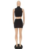 Women Solid Sleeveless Top and Zipper Skirt Two-Piece Set