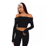 Women Off Shoulder Top Bell Bottom Pants Solid Pants Two-Piece Set