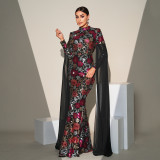 Women Sequined Long Sleeve Round Neck Formal Party Maxi Evening Dress