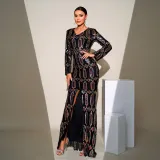 Women Sequined Long Sleeve Round Neck Formal Party Maxi Evening Dress