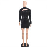 Women Long Sleeve Hollow Out Sequin Bodycon Dress