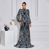 Women Sequined Long Sleeve Round Neck Formal Party Maxi Evening Dress