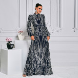 Women Sequined Long Sleeve Round Neck Formal Party Maxi Evening Dress