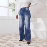 Plus Size Women Autumn and Winter Jacquard Denim Pants