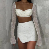 Women Knitting Beaded Square Neck Long Sleeve Crop Top And Skirt Two-piece Set