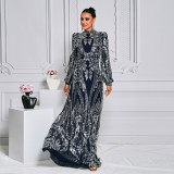 Women Sequined Long Sleeve Round Neck Formal Party Maxi Evening Dress