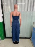 Women Sexy Strapless Off Shoulder Slit Cargo Denim Dress