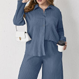 Plus Size Women Casual Loose Pleated Shirt And Pants Two-piece Set