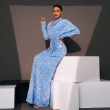Women Sequined Long Sleeve Round Neck Formal Party Maxi Evening Dress