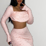 Women Knitting Beaded Square Neck Long Sleeve Crop Top And Skirt Two-piece Set