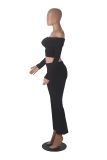 Women Off Shoulder Top Bell Bottom Pants Solid Pants Two-Piece Set