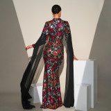 Women Sequined Long Sleeve Round Neck Formal Party Maxi Evening Dress