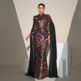 Women Sequined Long Sleeve Round Neck Formal Party Maxi Evening Dress