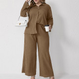 Plus Size Women Casual Loose Pleated Shirt And Pants Two-piece Set