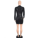 Women Long Sleeve Hollow Out Sequin Bodycon Dress