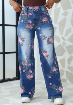 Plus Size Women Autumn Printed Denim Wide Leg Pants