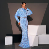 Women Sequined Long Sleeve Round Neck Formal Party Maxi Evening Dress