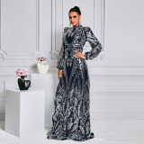 Women Sequined Long Sleeve Round Neck Formal Party Maxi Evening Dress