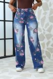 Plus Size Women Autumn Printed Denim Wide Leg Pants