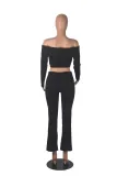 Women Off Shoulder Top Bell Bottom Pants Solid Pants Two-Piece Set