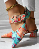 Women Multi-Color Chunky Heel Flower High Heels