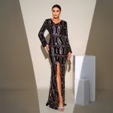 Women Sequined Long Sleeve Round Neck Formal Party Maxi Evening Dress