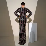 Women Sequined Long Sleeve Round Neck Formal Party Maxi Evening Dress