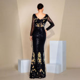 Women Sequined Long Sleeve Round Neck Formal Party Maxi Evening Dress