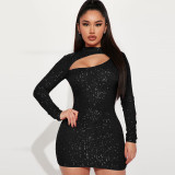 Women Long Sleeve Hollow Out Sequin Bodycon Dress