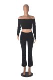 Women Off Shoulder Top Bell Bottom Pants Solid Pants Two-Piece Set