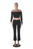 Women Off Shoulder Top Bell Bottom Pants Solid Pants Two-Piece Set