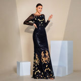 Women Sequined Long Sleeve Round Neck Formal Party Maxi Evening Dress