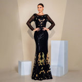 Women Sequined Long Sleeve Round Neck Formal Party Maxi Evening Dress