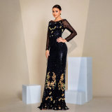 Women Sequined Long Sleeve Round Neck Formal Party Maxi Evening Dress