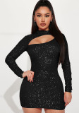 Women Long Sleeve Hollow Out Sequin Bodycon Dress